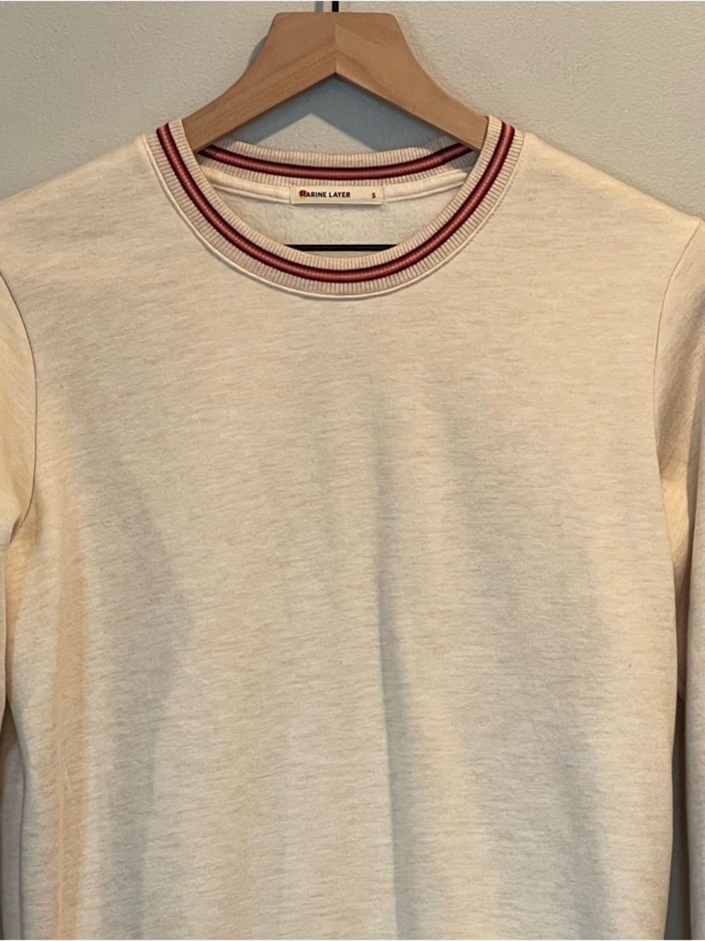 Marine Layer Oatmeal Crewneck Ringer Sweatshirt, Burgundy/Pink Trim, Pullover, S - Picture 14 of 15